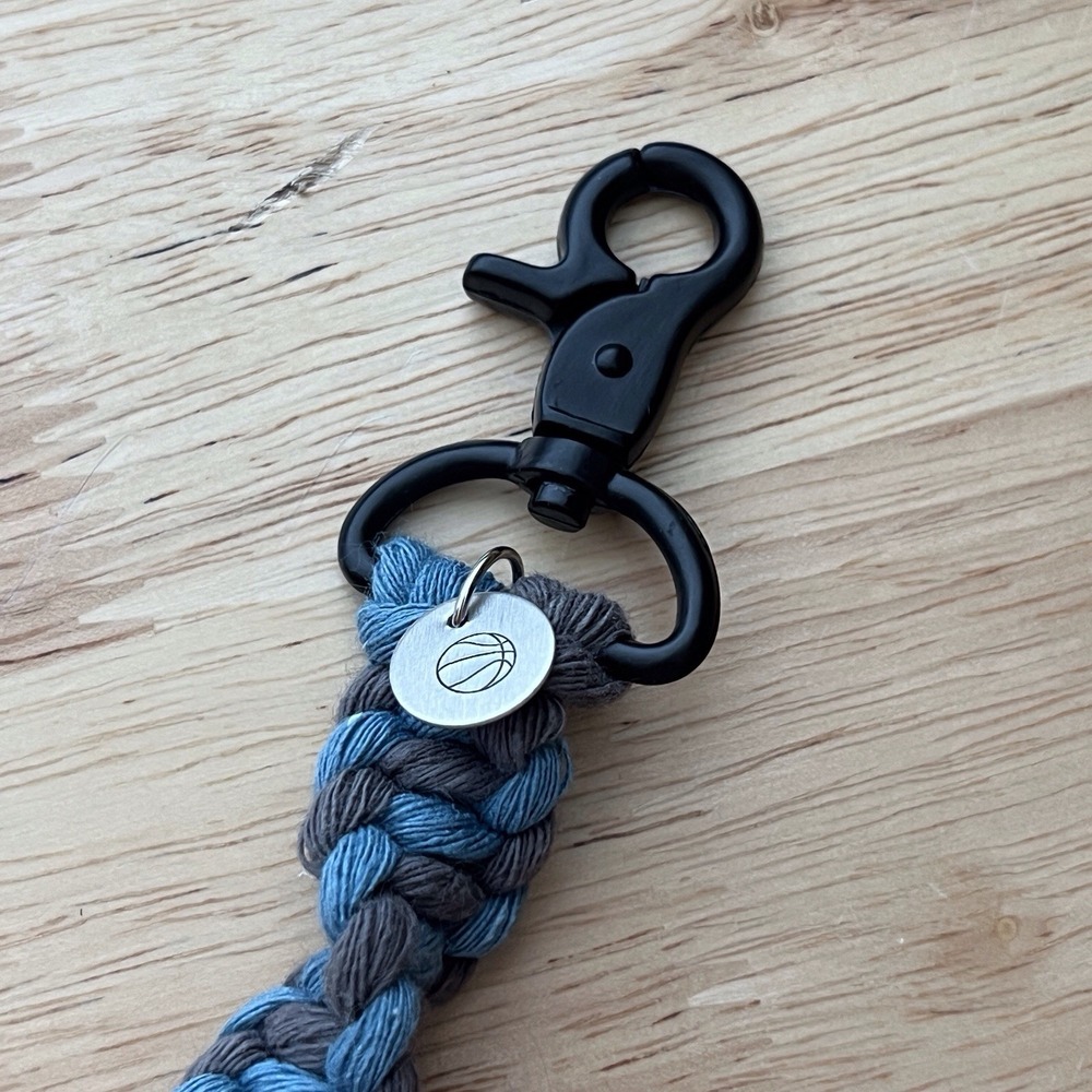 Handmade‎ Macrame Rope Braid Keychain, Blue And Gray, Basketball Stamped Charm